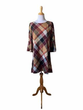 JH Brown/Red/Orange Plaid 3/4 Bell Sleeved Knee Length Dress- Size Medium